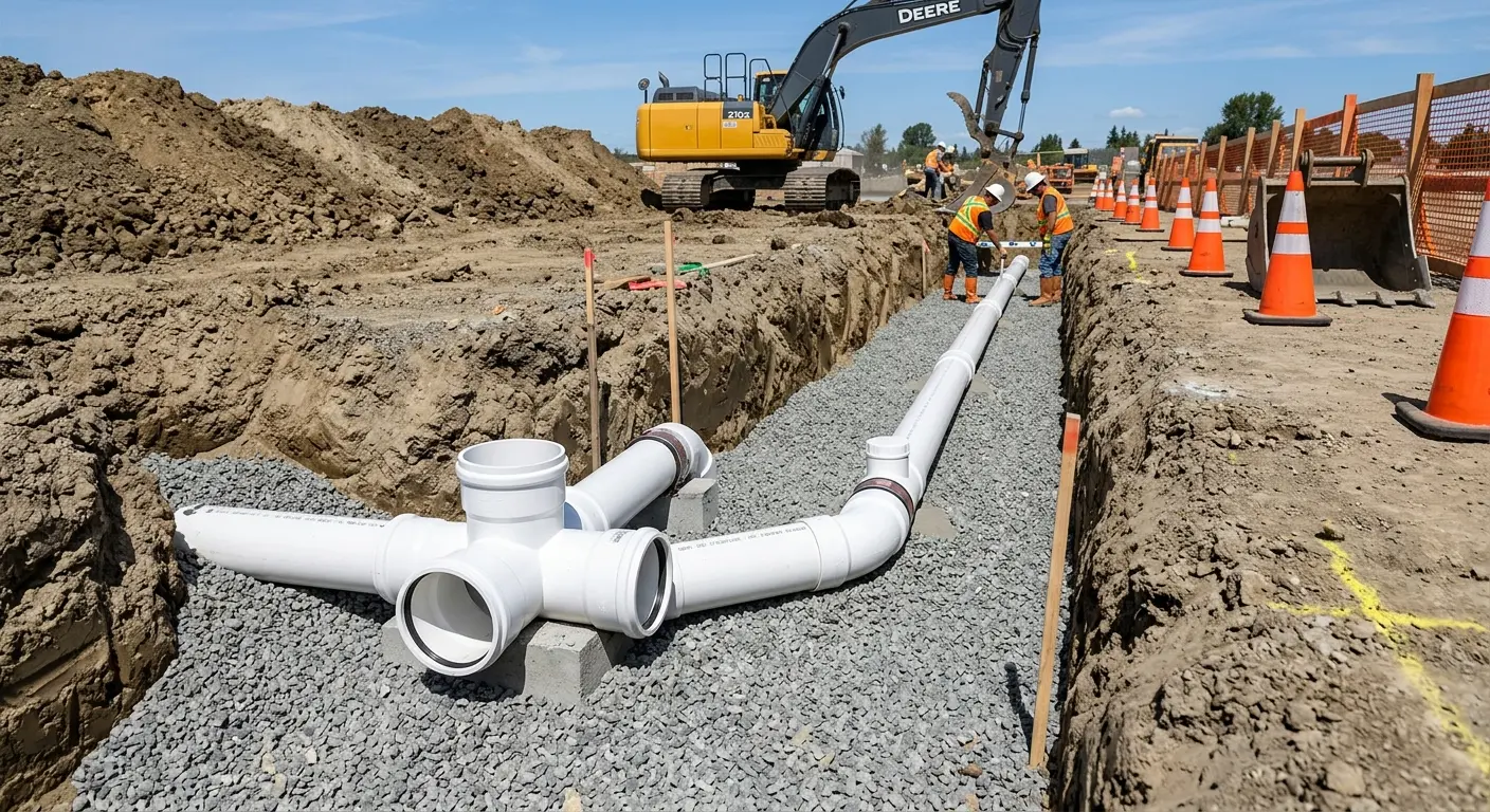 New PVC sewer pipe installation in open trench for Sewer Backup in Milan