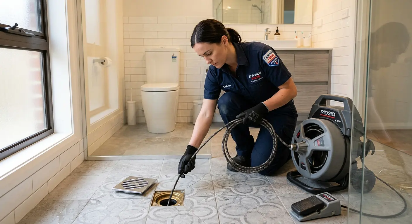 Technician clearing a bathroom floor drain for Drain Cleaning in Milan